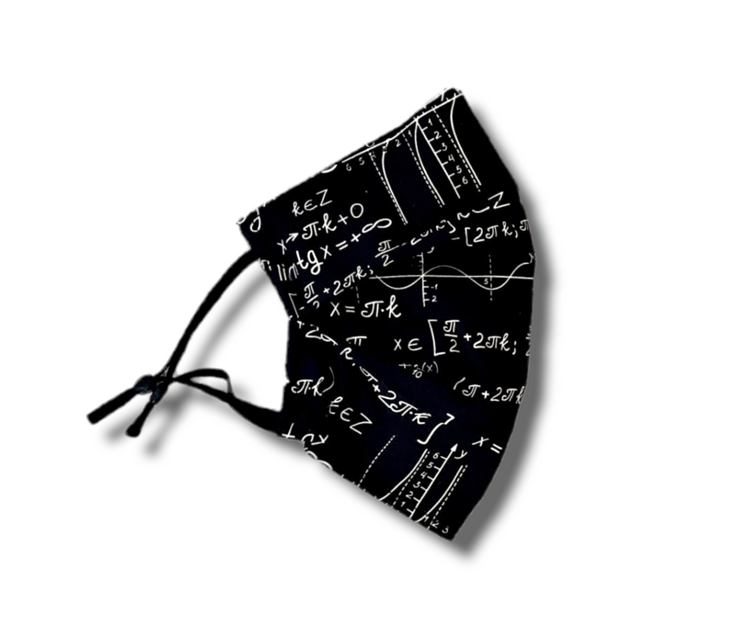Black mathematics teacher, student facemask. Washable and reusable with filter pocket. Adjustable elastic ear loops with toggle adjustment.