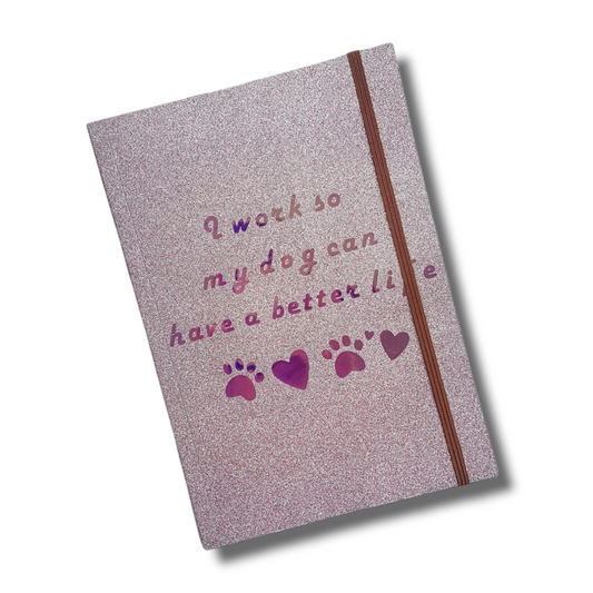 Sparkly notebook with cute dog quote